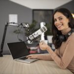 side view happy woman doing radio